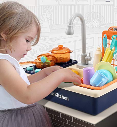 Play Kitchen Sink Toys with Automatic Faucets, Kids Kitchen Set Dishwasher with Cooking Stove, Tableware and Accessories Pretend Role Play Toys for Toddlers Boys Girls Aged 2 3 4 5 6(Blue) - Thumbnail 5