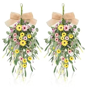 22″ Artificial Spring Summer Swag Wreath 2Pcs Spring Summer Floral Teardrop Swags for Front Door Farmhouse Kitchen Cabinet Wreaths with Ribbon Faux Flowers Hanging Wreaths for Porch Wall Window Decor