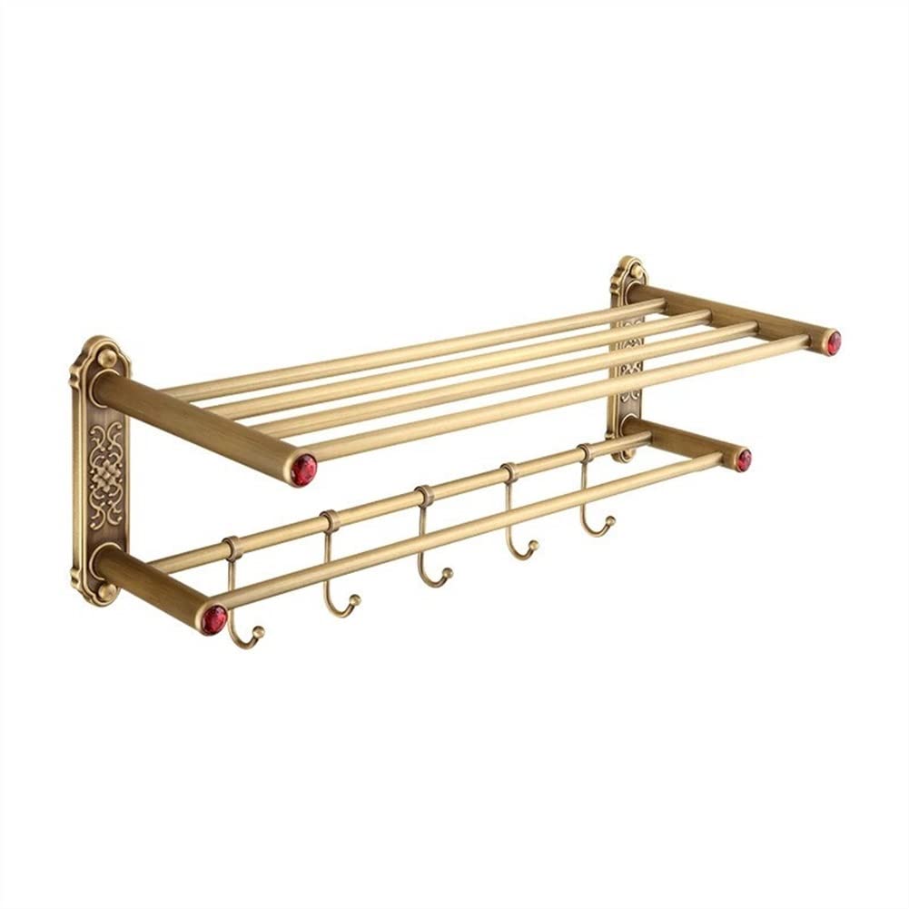 GTFDXJ Shower Caddy Antique Brass Bathroom Towel Shelf with 5pcs Hook Antique Wall Towel Rack with Towel Bars