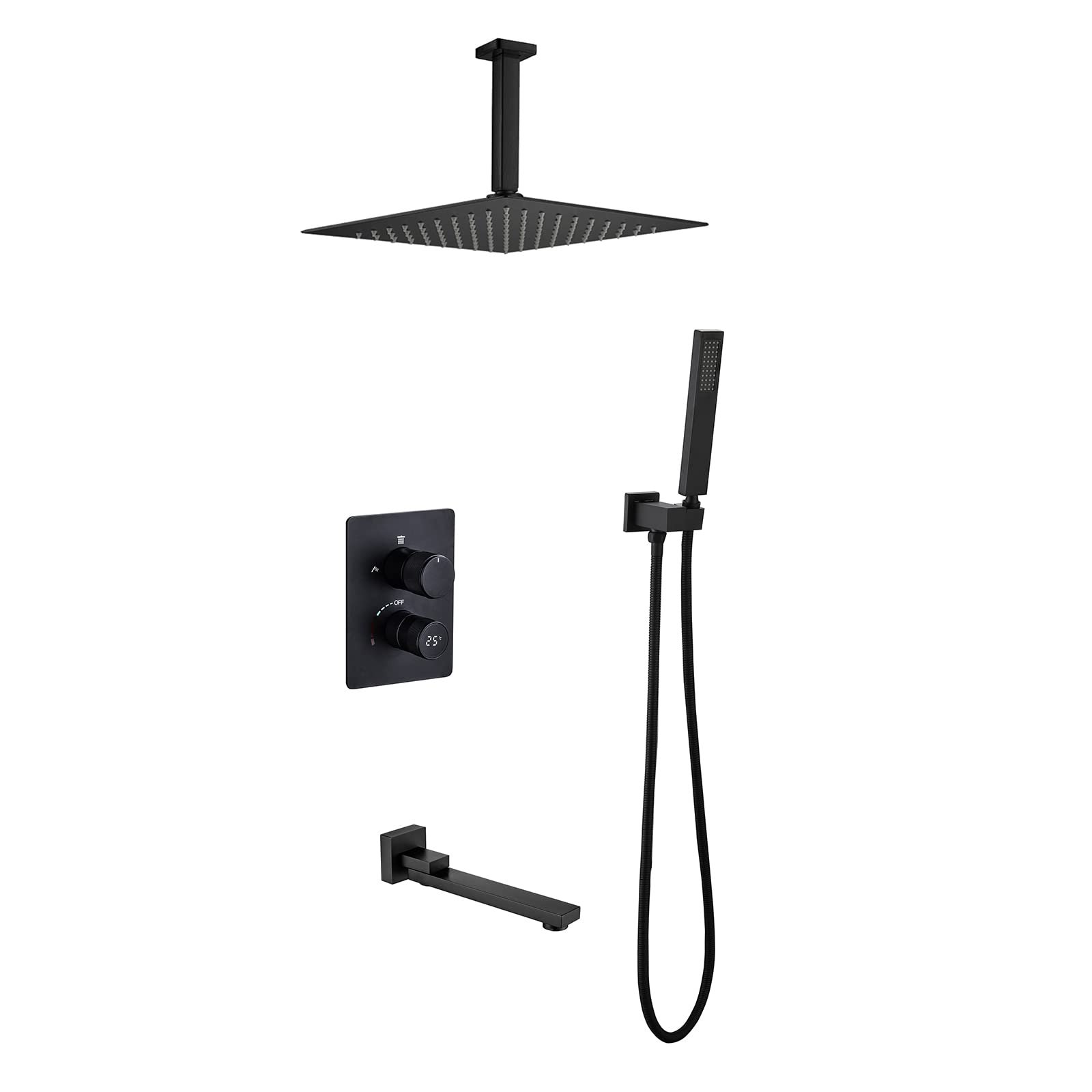 CWCQGH Shower System Temperature Display Shower Faucet Set Concealed Shower Mixer Set with Brass Hand Shower and 25 cm Rainfall Shower Head,M