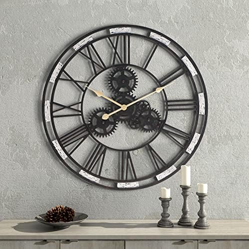 THCISL Large Metal Wall Clock with 27 Inch Big Round Clock Black & White Big Round Clocks 3D Roman Numerals Living Room Battery Powered Silent Clock