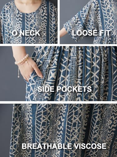 Image of Women Plus Size Dresses Summer Vintage Print O Neck Oversized Boho Vacation Casual Robe with Side Pockets