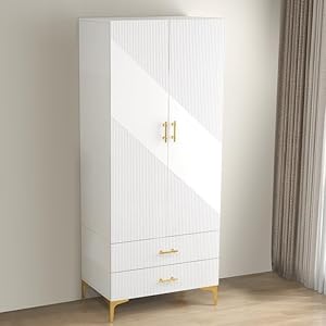 vinform Wardrobe Armoire Closet with Drawers, Wardrobe Closet for Hanging Clothes, Bedroom Wardrobe Closet, 2 Door White Wardrobe Cabinet(31.5″ Wx 19.69″ Dx70.87 H) (Type A)