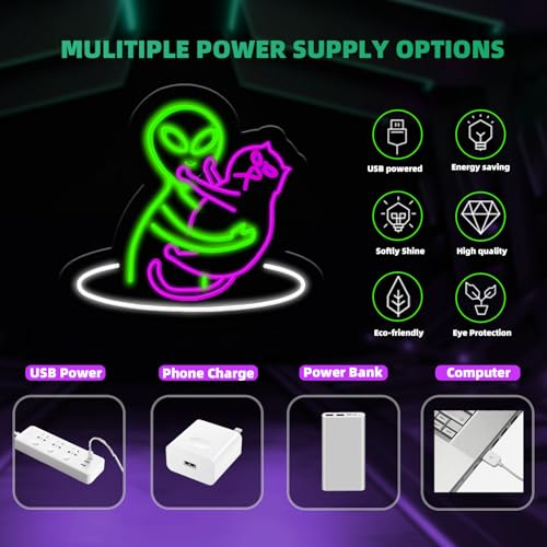 Image of Alien Cat Neon Sign,Funny Green Aliens Purple Cute Cat LED Light Sign Wall Decor For Game Room Bedroom Party Man Cave Club,Birthday Gifts For Women,Men,Boys,Girls(Alien Cat)