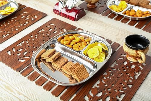 Image of Stainless Steel Plates with Compartments /Tiffin Plates /Pav Bhaji Plates /Partition Plates /Breakfast Plates /Steel Plates for Lunch /Dinner /Kids Plate Set of 3 (Big)