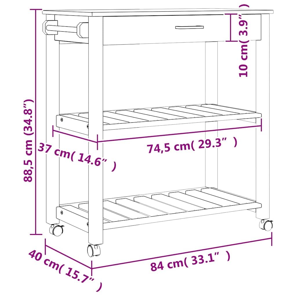 vidaXL Carrito de Cocina, Organizador de Comida Verduras Té, Carro de Servicio, Almacenamiento para Baño Salón Estudio, Madera Maciza de Pino