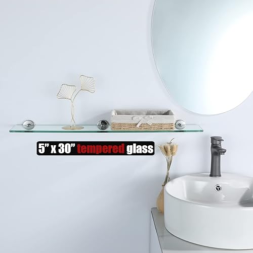 Miniatura 2 de JQK Estante de vidrio para baño cromado, almacenamiento de ducha de vidrio templado 30 por 5 pulgadas, montaje en pared cromado pulido de acero