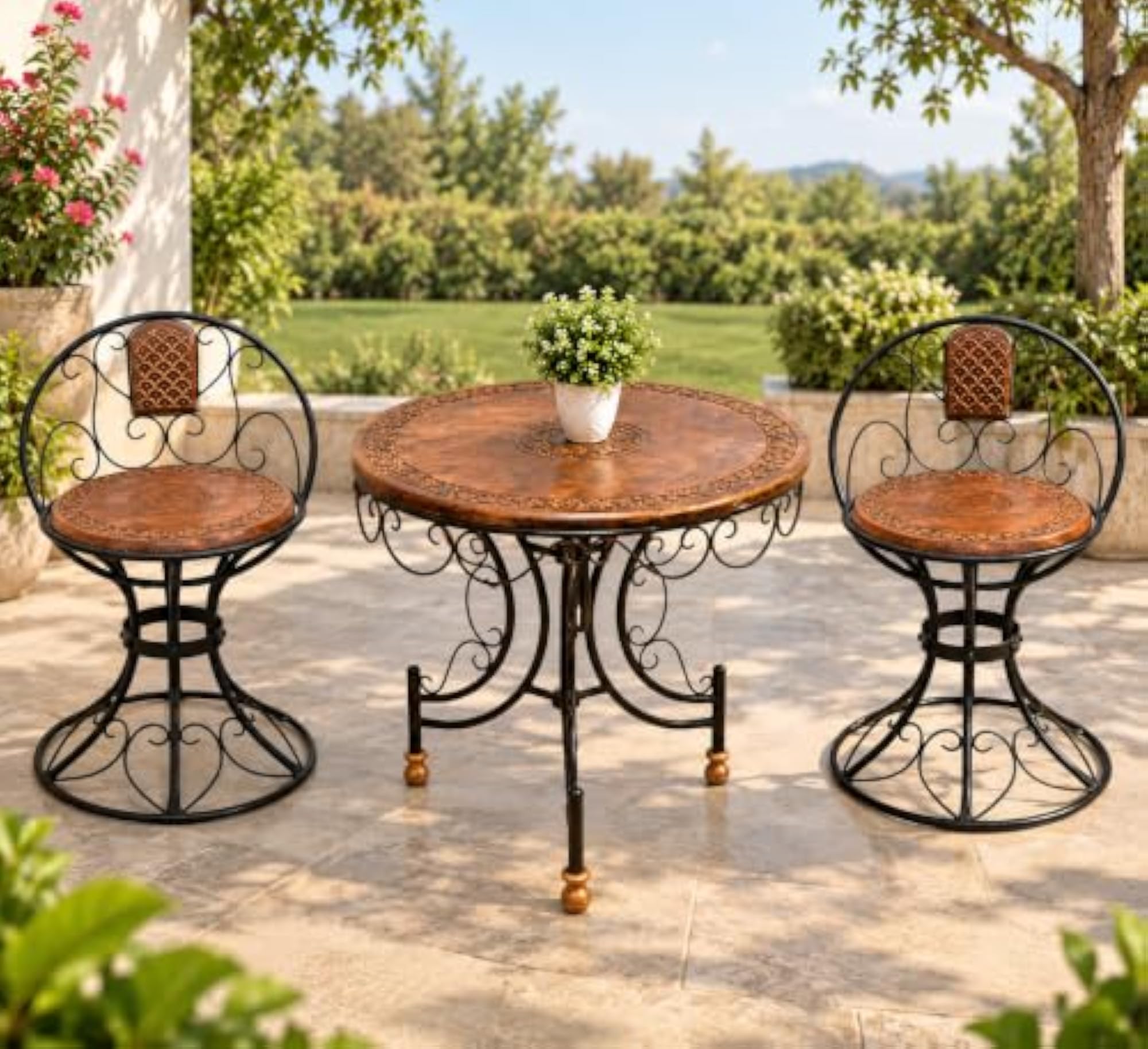 3-Piece Solid Wood & Wrought Iron Dining Set