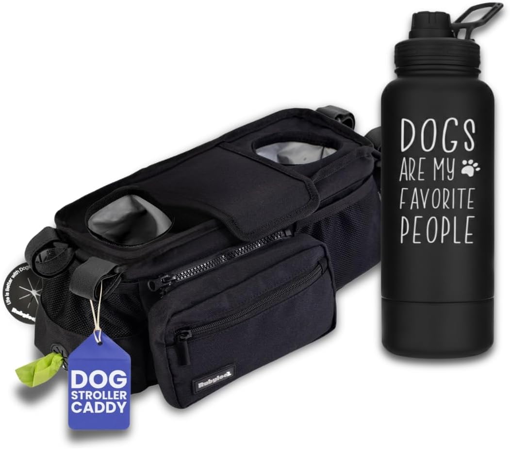 Rubyloo Dog Stroller Caddy Organizer & 32 oz Insulated Water Bottle with Attached 8 oz Bowl (Dogs are My Favorite People) - Stroller Organizer & Hydration Set