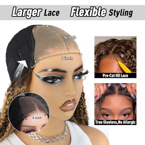 Image of Balayage Highlight Wear and Go Glueless Wig for Beginners 22 inch, Kinky Curly Glueless Wigs Human Hair Pre Plucked Pre Cut Ombre Blonde 4 /27, 6x4 HD Lace Front Wig for Black Women 200% Density