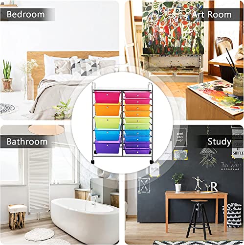 MEDIMALL 15 Drawers Rolling Storage Cart, Multipurpose Craft Storage Cart with Wheels, Mobile Tools Scrapbook Paper Organizer Cart for School Home Office Use (Rainbow) - Thumbnail 6