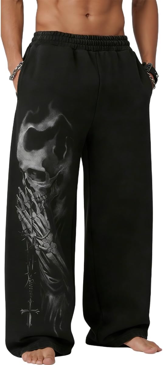 Men’s Skull Print Graphic Sweatpants Baggy Streetwear Lounge Pants Punk Gothic Hip Hop Joggers with Pockets