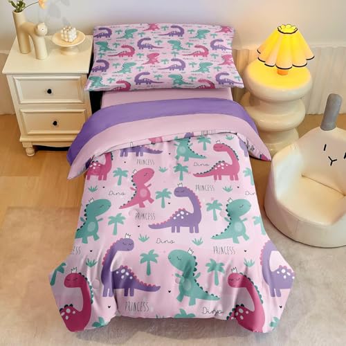Image of 4 Piece Toddler Dinosaur Bedding Set for Girls,Pink Dino Toddler Comforter Sets Soft Bed Set Include Comforter,Fitted Sheet, Flat Top Sheet and Pillowcase,Bed in A Bag for Bedroom