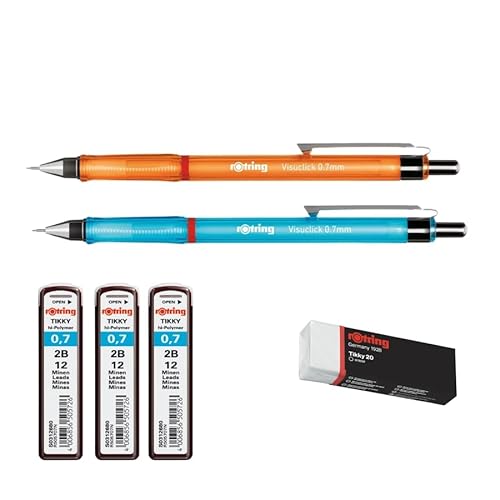 rOtring Visuclick - Juego de portaminas | Recambios de 0,7 mm | mina 2B | Barril naranja y azul vivo