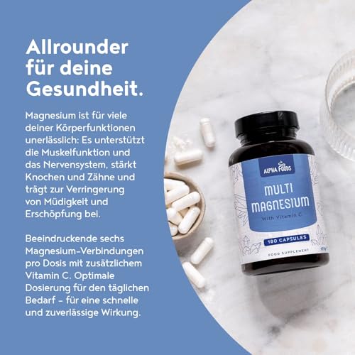 Multi Magnesium 2140mg | 180 Kapseln | 195mg elementares Magnesium pro Tagesdosis | mit 6 hochwertige Formen wie Citrat, Bisglycinat, Malat & Ascorbat | optimale Bioverfügbarkeit | Vegan | Alpha Foods