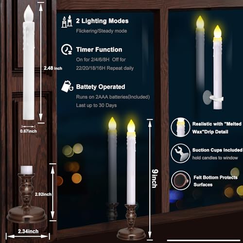 Image of 12 Pack Flameless LED Window Candles with Drip Texture, Removable Candle Holders, 24 AAA Batteries, Daily Timer, ON /Off Remote, 12 Window Suction Cups, Christmas Home Wedding Decor (Brown)