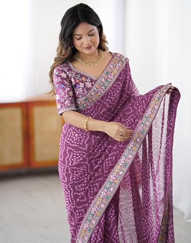 Image of SIRIL Women's Georgette Bandhani Printed Saree with Unstitched Blouse Piece