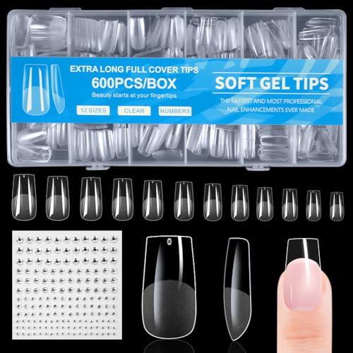 BUTBU Tip Unghie, 600 Pezzi Quadrate Unghie Finte, 12 Taglie Tip Unghie Ricostruzione, Copertura Completa Tips Unghie Trasparente per Salone Manicure, Nail Art Principiante