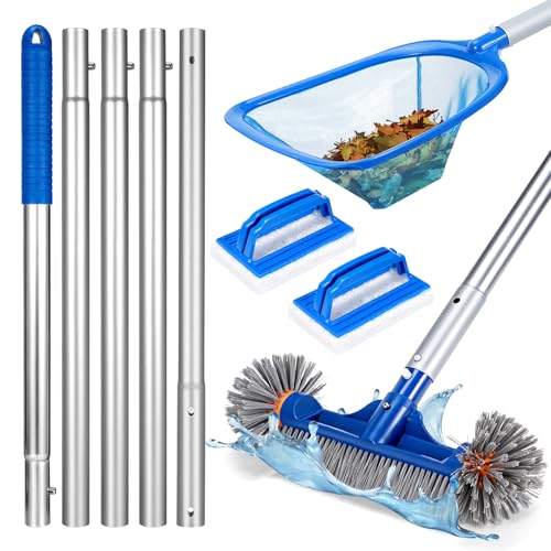 Sockywin Pool Cleaning Brush Pool Net Kit Aluminium Pool Brush with Long Handle Pool Skimmer Net 2 Sponge Pool Scrubber Pad Swimming Pool Cleaning Kit for Clean Walls Tiles Steps Floors Tubs