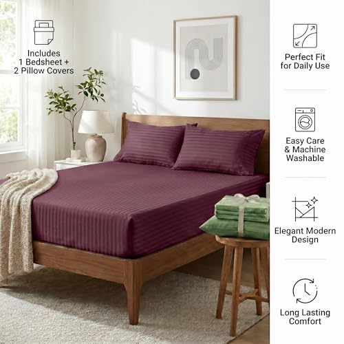 Image of Mafatlal Italian Strip King Size Bed Sheet with 2 Pillow Covers Pure Cotton | 210 TC Flat Bedsheet Red | 108 x 108 Inches | Luxury & Breathable Fabric