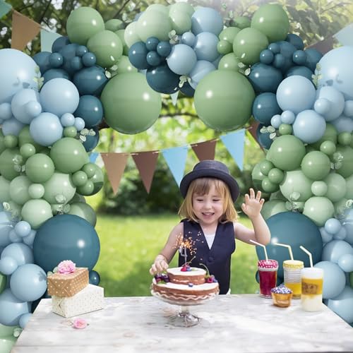 Image of Blue and Green Balloon Arch Kit 107Pcs Dusty Blue Sage Green Balloons Garland Retro Slate Haze Fog Pale Gray Birthday Party Balloons for Boys Rustic Navy Woodland Jungle Baby Shower Decorations