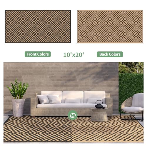 Image of GENIMO Outdoor Rug, Waterproof Plastic Rugs 10'x20' for Camping Black Brown | Outside Larger Modern Carpet Mat for Patio Decor, RV, Porch, Camper, Deck, Picnic, Beach, Backyard, Reversible, Foldable