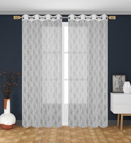 Image of Fabrilia Premium White Net Curtains Set of 2 | Sheer Leaf Pattern Drapes for Long Door 9 feet | Semi Transparent Lace Curtain for Living Room, Bedroom & Balcony