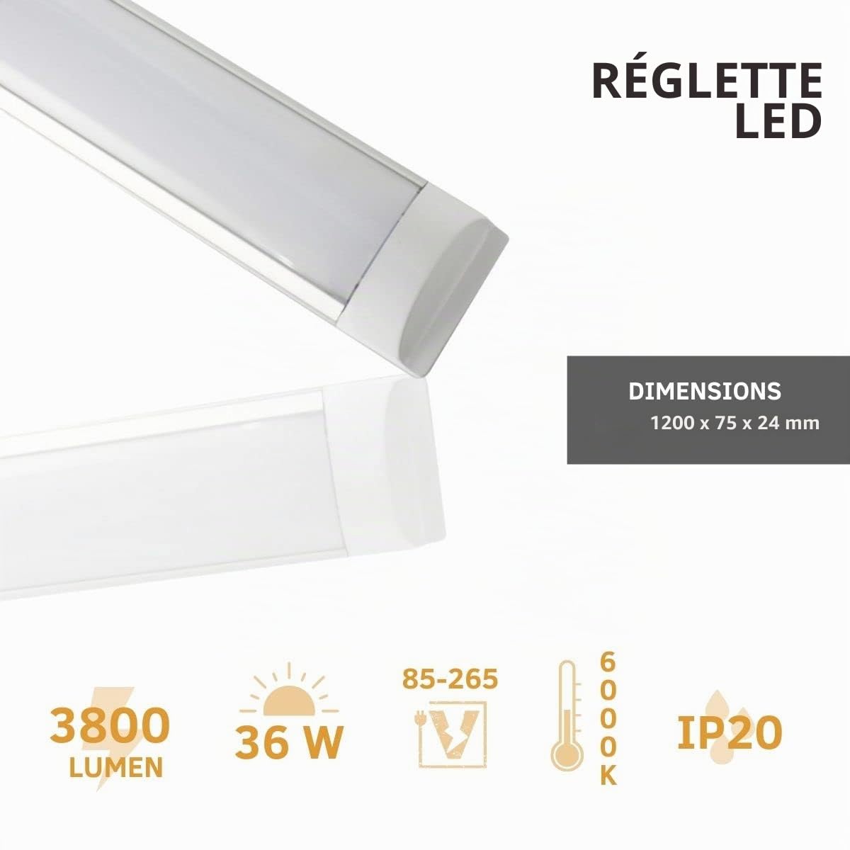 JANDEI Lot de 6 écrans LED intégrés 36 W 120 cm 4000 lumens blanc froid 6500 K éclairage 120°