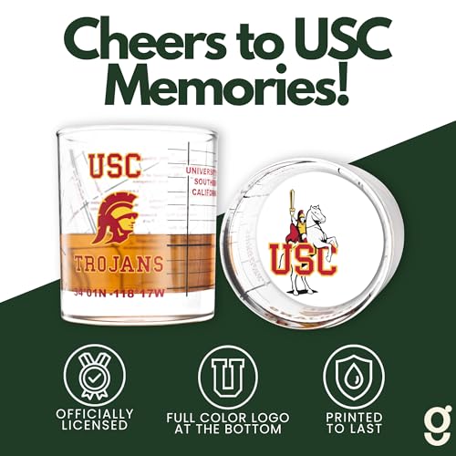 Image of Greenline Goods University of Southern California Trojans Whiskey Glasses Set of 2, 10 oz Rocks Glasses with Full-Color Logo & Campus Map - Officially Licensed Bourbon Glass Gift for Alumni & Fans