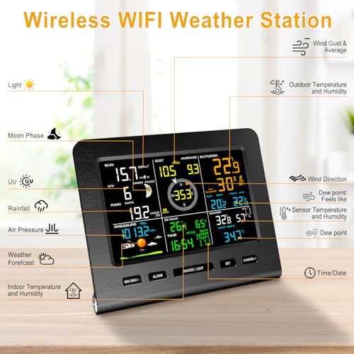 Urageuxy Weather Station Wireless Indoor Outdoor WiFi Weather Stations with Rain Gauge and Wind Speed/Direction,Temperature, Humidity, Weather Forecast, UV/Light, Moon Phase and Alarm