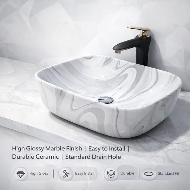 Image of Ceramic Tabletop Wash Basin - Glossy Rectangular Countertop Vessel Sink with Marble Finish for Bathroom & Vanity | Compact 18 x 13 x 5 Inch | Elegant Washbasin