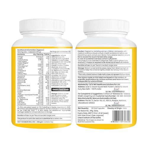 Image of Tata 1mg Hair, Skin & Nails Supreme Biotin Capsule with Collagen, Zinc, Iron and Vitamin B, For Men & Women, Pack of 60