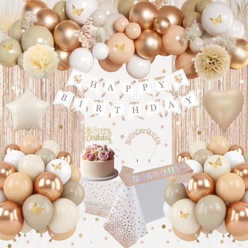 Décorations d'anniversaire beige et ballons dorés de fête