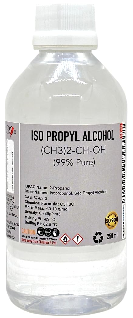 IPA Isopropyl Alcohol for Cleaning | All Electronics, Clean Your Makeup Tools, Clean CPU, GPU and Screen Repair Cosmetics | 50% Pure [(CH3)2-CH-OH] CAS: 67-63-0 (250ml.)