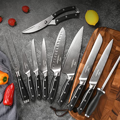 18 Pieces Damascus Kitchen Knife Set, 8 Piece Steak Knives, Non-Slip Abs Ergonomic Triple Rivet Handle For Meat Fork, Knife Sharpener And Kitchen Shears, 17 Slots Fraxinus Manchuria Knife Block (Grey) #TOP4