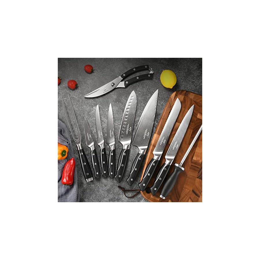 18-Pieces-Damascus-Kitchen-Knife-Set-8-Piece-Steak-Knives-Non-slip-ABS-Ergonomic-Triple-Rivet-Handle-for-Meat-Fork-Knife-Sharpener-and-Kitchen-Shears-17-Slots-Fraxinus-Manchuria-Knife-Block-Grey 18 Pieces Damascus Kitchen Knife Set, 8 Piece Steak Knives, Non-slip ABS Ergonomic Triple Rivet Handle for Meat Fork, Knife Sharpener and Shears, 17 Slots Fraxinus Manchuria Knife Block (Grey)