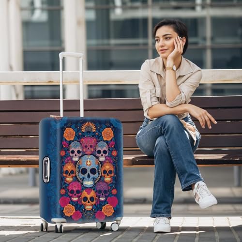 Image of Sugar Skull Luggage Cover - Colorful Floral Day of the Dead Suitcase Protector - Stretch Travel Case Cover for 32-34 Inch Luggage,XL