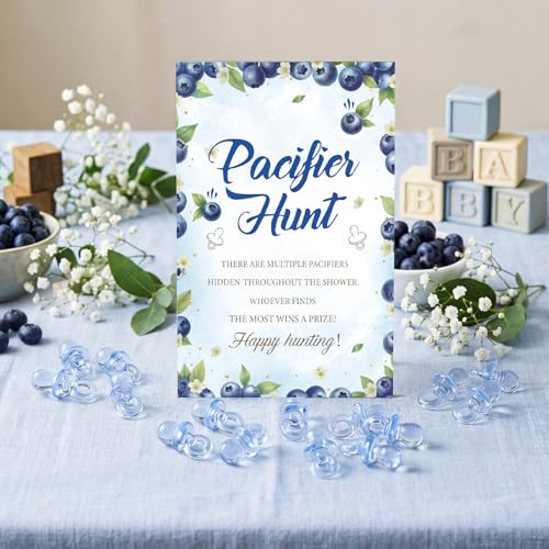 Image of Thyle 51 Pcs Blueberry Pacifier Hunt Baby Shower Games a Berry Sweet Baby is on the Way Decoration Include Blueberry Themed Hunt Sign and Acrylic Pacifiers Gift Sets for Gender Reveal Party Decor