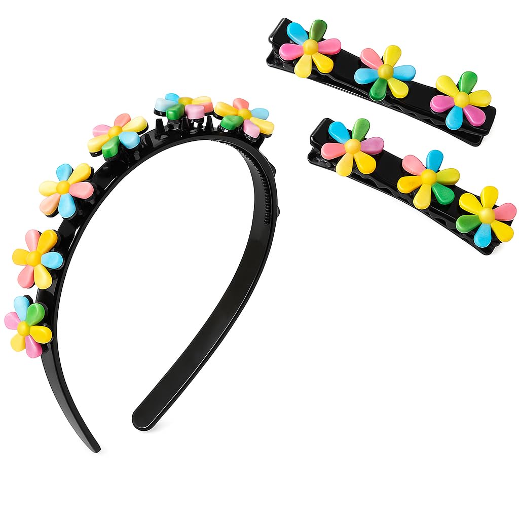 Colourful Flower Hair Accessories Set, Black Headband with Daisy Clips, Rainbow Floral Hair Clips-image-37