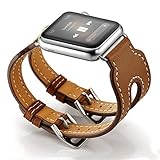 Valkit Compatible Apple Watch Bands 38mm 40mm Genuine Leather Strap Smart Watch Wristband with Stainless Steel Adapter Replacement for Apple iWatch 4 3 2 1, Double Buckle Cuff -Brown