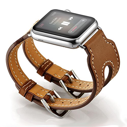 valkit Compatible with Apple Watch Bands 38mm 40mm 42mm 44mm, Genuine Leather Strap iWatch Wristband with Stainless Steel Adapter for iWatch SE & Series 6 5 4 3 2 1, Double Buckle Cuff - Brown