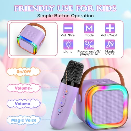 Image of Mini Karaoke Machine with 2 Mics, Wireless Microphones for Kids Adults Toddler with LED Party Lights, Kids Microphone Christmas Birthday Gift for Girls Toys 4, 5, 6, 7, 8, 10 12+ Years Old 【Purple】