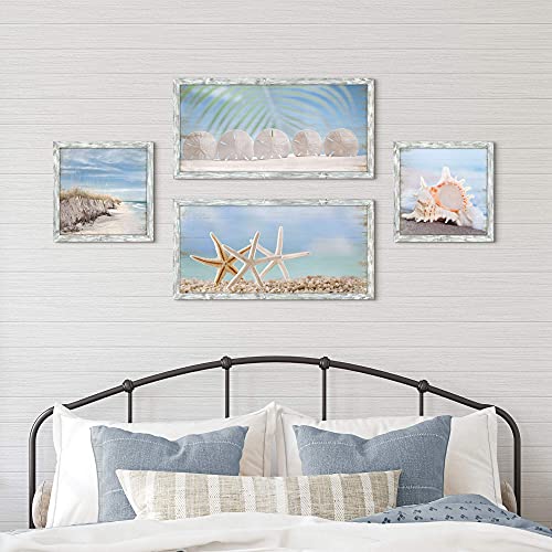 Starfish Prints Wooden Wall Art: Ocean Art Set Of 4 Seashell Pictures Collection Beach Framed Wall Decor For Bedroom Overall 36"W X 24"H #TOP3