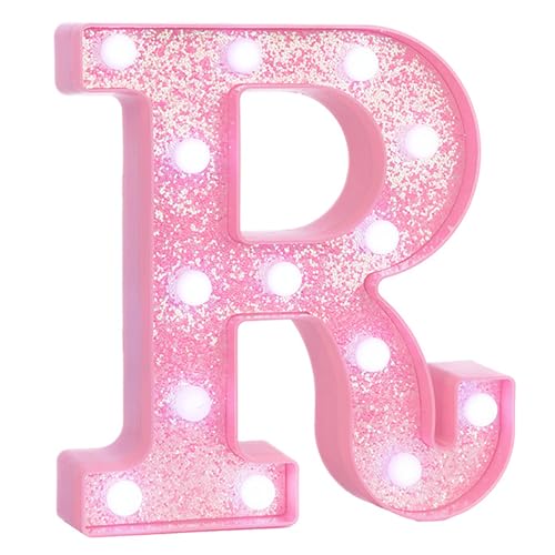 Image of Pink Marquee Light Up Letters, Glitter Alphabet LED Letter Lights for Pink Birthday Party Decorations, Battery Operated Letter Sign for Girls Room Vanity Table Decor, Cool White Lights Letter R
