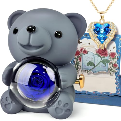 DINGHENG Collana da donna con orso di rose e cuore, in scatola con orso di rose, per la festa della mamma, San Valentino, matrimonio, regalo per la mamma e la fidanzata (blu)