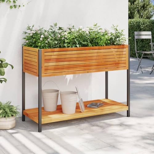 Gecheer Jardinera con Estante Madera Maciza Acacia y Acero 110x45x80 cm,Jardinera Exterior para Jardín Balcón o Patio