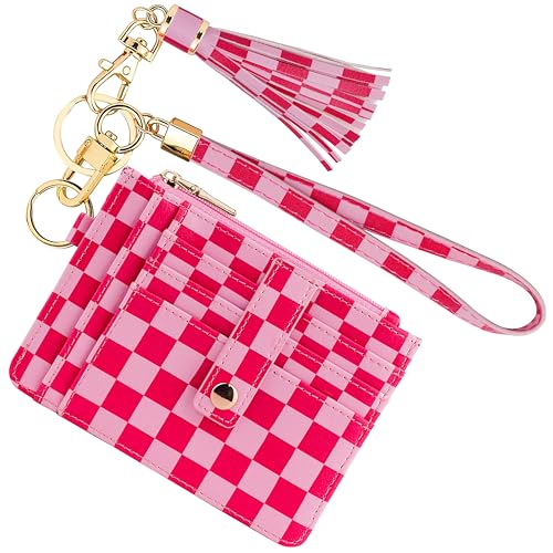 Image of KNGITRYI Small Wristlet Wallets for Women RFID Credit Card Holder Wallet Keychain Wristlet Wallet Credit Card Wallets for Women (checkered pink)