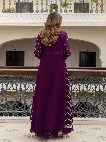 RENDMALLS Women's Georgette Sequin Embroidery Crop Top Lehenga with Shrug Suit Set Ethnic Fusion Wear2