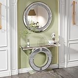 KUVADAZ O-Shaped Silver Mirrored Console Table and Round Wall Mirror Set, 2 Piece Mirrored 42.9' Rectangle Sofa Table and 33.46' Crush Diamond Round Wall Mirror Set for Entryway Hallway Entrance