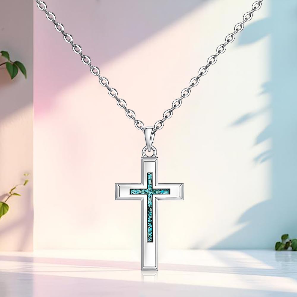 Sterling Silver Cross Necklaces for Women Silver Cross Crushed Turquoise Necklace Dainty Simple Pendant Nature Turquoise Jewelry Gifts - Image 8